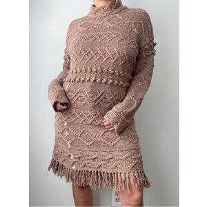Vintage Cable Knit Fringe Mock Neck Sweater Dress Medium